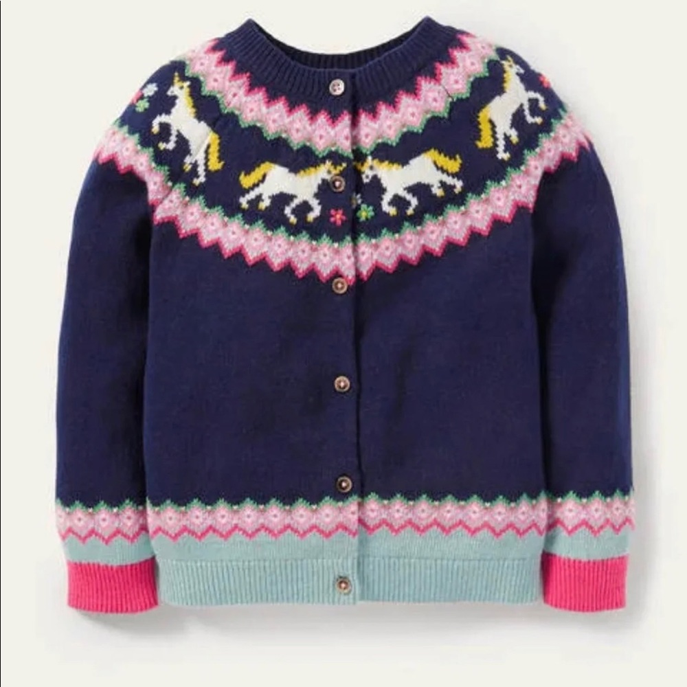 Mini Boden Cosy Fair Isle Cardigan-College Navy Unicorns 2-3 Year
